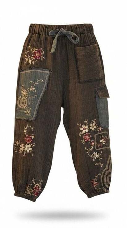 POL Pants - POL Kagen Embroidered Pants Small Cargo Floral Patchwork Brown